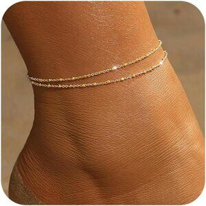 Gold Anklet Set for Women Layered Waterproof Figaro Heart Butterfly Pearl